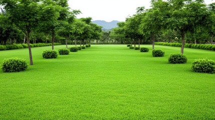 Obraz premium Lush green lawn with neatly trimmed bushes and trees lining a pathway, creating a serene and tranquil outdoor scene. Bright daylight illuminates the landscape.