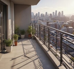 Sunlit modern apartment balcony, high-rise view,  contemporary,  apartment living