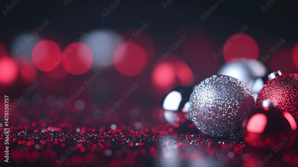 Poster red and silver christmas ornaments on glittering surface with bokeh background.