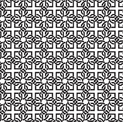 set of black and white geometric shapes, repeating crosses and other geometric shapes, interconnected elements, endless knot pattern, complex grid-like structure. 
