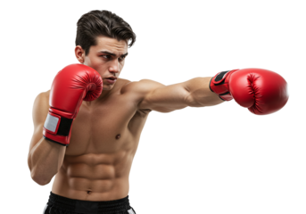 Muscular boxer throwing punch motion, isolated on pure white background, no shadows.
