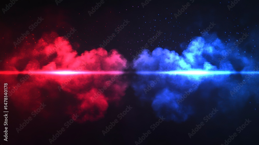 Poster abstract red and blue smoke with glowing light effect on dark background.