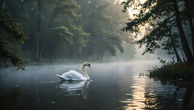 Le cygne solitaire dans la brume matinale