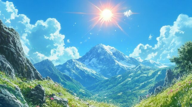 Sunny day in majestic snow-capped mountains with lush green valleys and wildflowers. - Powered by Adobe