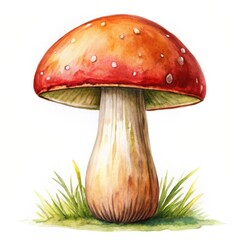 Watercolor illustration of a vibrant red and orange mushroom with grass against white background