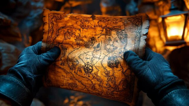 Adventurer explores ancient treasure map in dimly lit cave with flickering lanterns