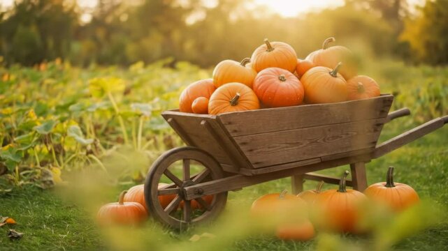 Wooden wheelbarrow full of orange pumpkins in a garden patch during autumn harvest. Seasonal fall abundance, Halloween and Thanksgiving decoration concept. National Pumpkin Day October 26th.