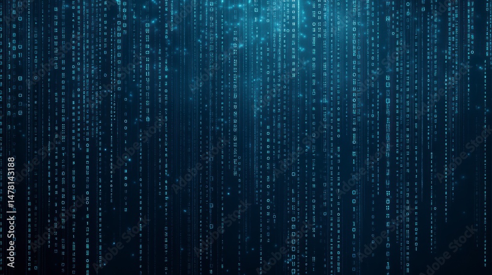 Poster abstract blue digital rain background with glowing particles falling down.
