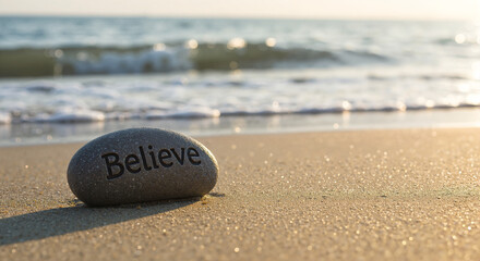 Stone with the word 'Believe' on sandy beach by the ocean  