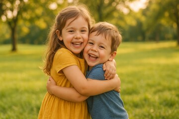 Fototapeta premium Joyful Children Embracing Playful Friendship Outdoors in Park - Happy Siblings Smiling in Summer Sunlight