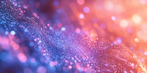 A close-up of glowing fiber optic cables, forming an intricate pattern with blue and pink lights, representing the speed at which data is conveyed through these threads Generative AI