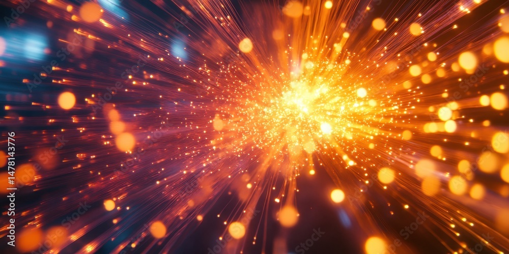 Poster a close-up of glowing fiber optic cables forming an explosion pattern, symbolizing the speed and dat