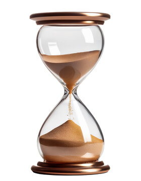 A classic hourglass filled with sand marking the passage of time, white background.