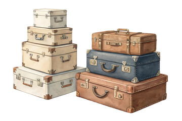 Vintage Stacked Luggage Illustration, Antique Suitcases for Travel Adventures, Journey, Baggage, and Exploration on Isolated Black Background.