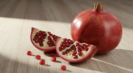 Fresh pomegranate fruit with sliced pieces and seeds on wooden table  