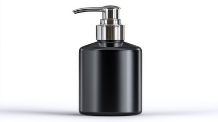 Obraz premium Black cosmetic pump bottle with chrome dispenser on white background.