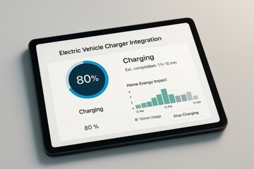Tablet displaying electric vehicle charger integration data with an 80% charging status and energy impact chart.