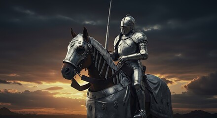 Fototapeta premium Knight Riding Horse with Spear in Dramatic Sky Landscape