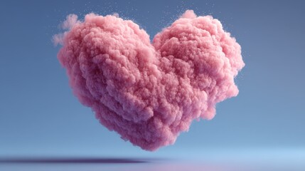 Fluffy pink heart-shaped cloud floating in clear blue sky background scene.