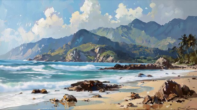 Discover the stunning seashore where waves crash against rugged rocks, framed by breathtaking mountain views. Perfect for conveying adventure and the beauty of nature in your visuals.