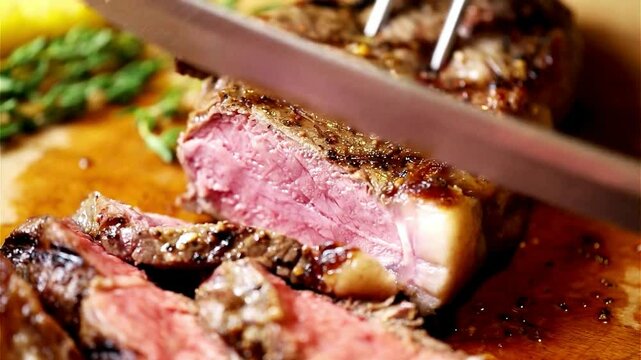 Slicing a Delicious Rare Roast Beef Steak