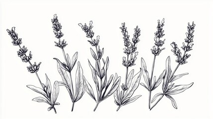 botanical sketch of lavender, hand-drawn with black ink on white paper, naturalistic detail and delicate linework