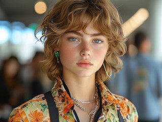 Young woman with curly hair wearing a floral shirt, captured in a vibrant social setting
