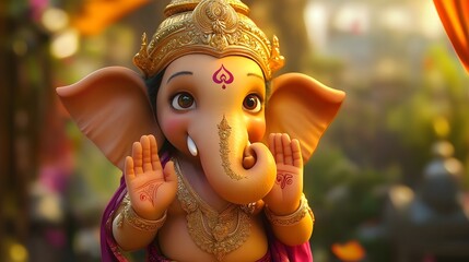 A dreamy scene of an engaging drawing of ganesh with friendly expressions and playful elements, appealing to children