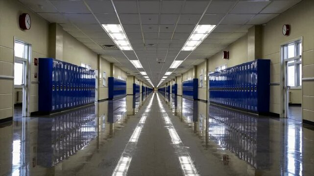 Bright school hallway with blue lockers and polished floor reflecting overhead lights