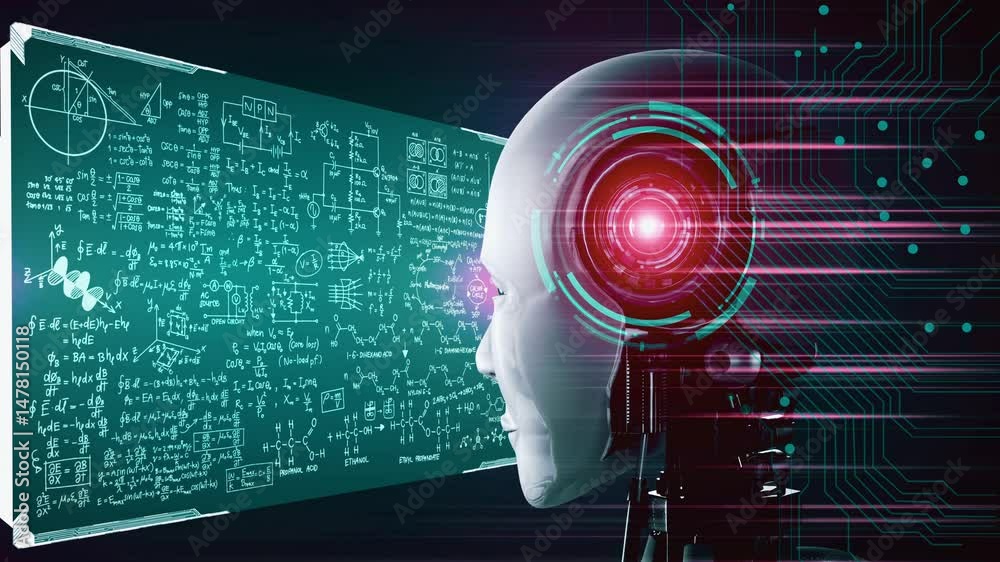 Poster hominoid ai robot looking at hologram screen in concept of math calculation and scientific equation 