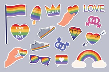 LGBTQ sticker set. LGBT pride symbol. Rainbow elements on gray background. Vector clipart.