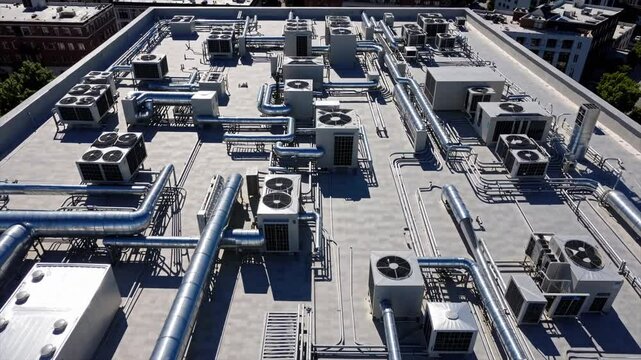 Overview of a rooftop HVAC system installation in an urban setting showcasing various equipment and layout