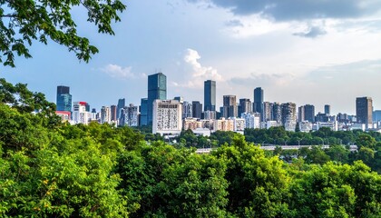 Fototapeta premium serene urban skyline with lush greenery in modern cityscape