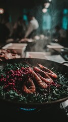 Delicious Seafood Paella: Vibrant Shrimp Dish Grilled with Fresh Herbs and Spices in a Smoke-Filled Restaurant Kitchen