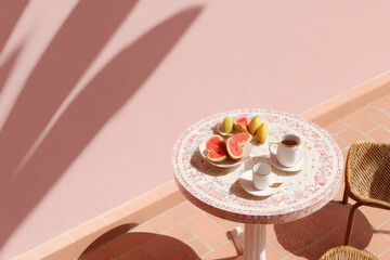 wes andersonstyle photograph tables set for friendly lunch adorned with mosaic patterns and exotic fruits