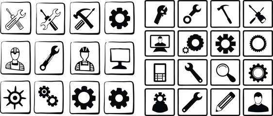 Assorted icons of tools and technology in squares