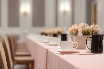 wes andersoninspired conference setting featuring minimalist decor pastel colors and elegant tables with modern
