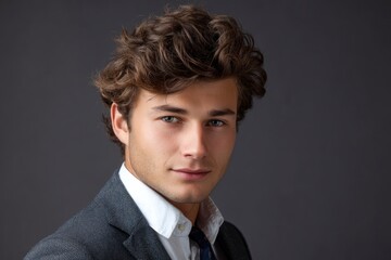 Stylish Young Man: Portrait in Gray Suit, Curly Hair
