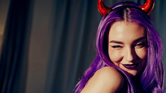 Playful halloween antics with a mysterious woman in devilish costume