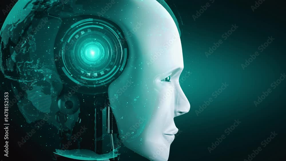 Poster robot hominoid face close up with graphic concept of big data analytic by ai thinking brain, artific