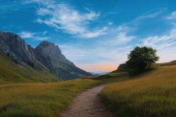 Fototapeta premium Mountain Path: Serene Landscape with Grassy Fields and Dramatic Peaks