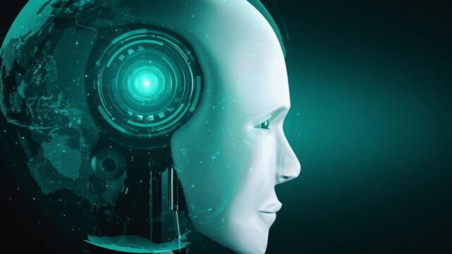 Robot hominoid face close up with graphic concept of big data analytic by AI thinking brain, artificial intelligence and machine learning process for the 4th fourth industrial revolution. 3D rendering