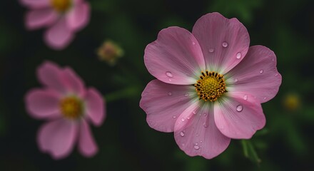 Obraz premium Pink Flower with Water Droplets Closeup in Dark Green Garden