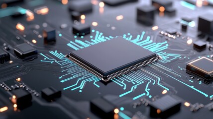 Central Processing Unit on Dark Circuit Board with Blue Lighting, AI and Computing Concept computing