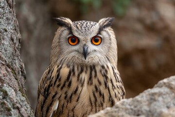 Fototapeta premium Majestic Eagle Owl Portrait: Serene Gaze, Detailed Plumage