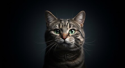 Portrait of a Striped Cat with Green Eyes Looking Forward