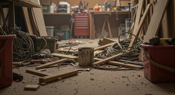Cluttered workshop floor filled with tools, wood scraps, and cables creating a trip hazard