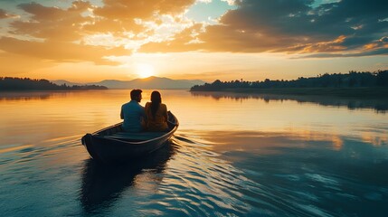 A beautiful image of an Indian couple enjoying a romantic boat ride on a serene lake under a glowing sky