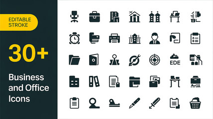 A Curated Collection of 30 Business and Office Icons in Grid Layout