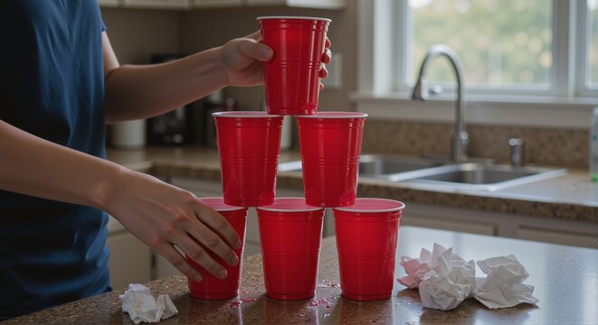 Morning cleanup after a graduation party with stacked red cups and crumpled paper towels on a kitchen counter